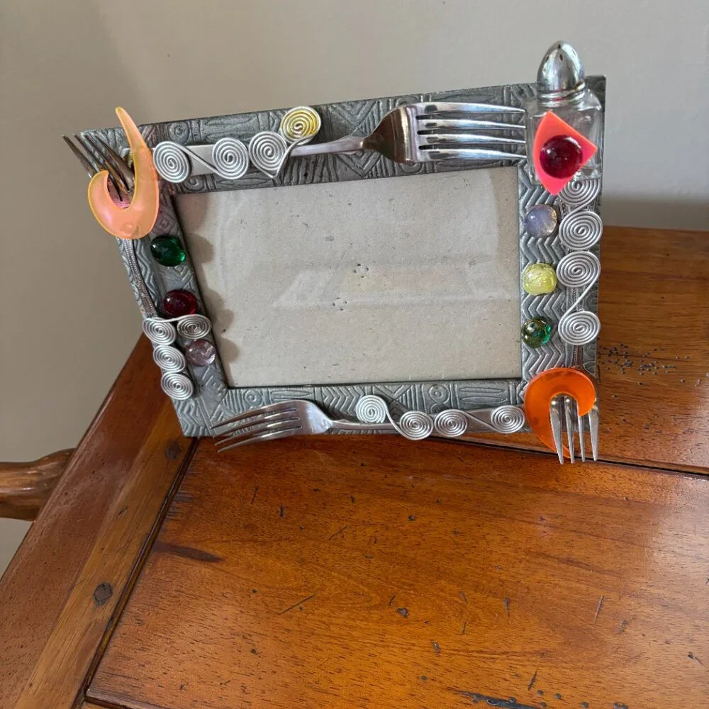 Picture Frame with Jewels and Kitchen Forks attached